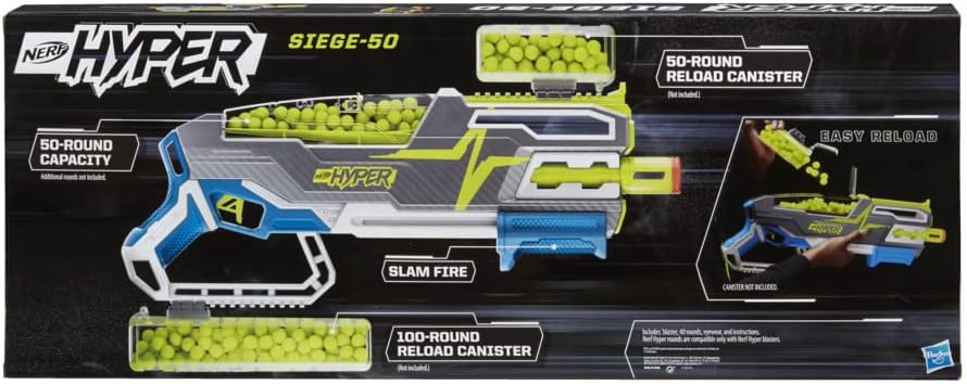 Nerf Hyper Siege-50 Pump-Action Blaster and 40 Nerf Hyper Rounds, 110 FPS Velocity, Easy Reload, 50-Round Capacity, Multi-coloured, One Size