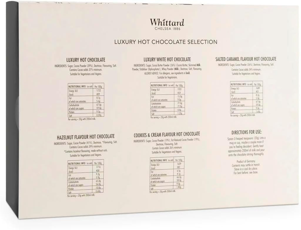 Whittard of Chelsea Hot Chocolate Lovers Gift Set | Suitable for Vegetarians | 6 Boxes of Single Origin Ground Coffee | 5 Flavours | 6 x 140g | Suitable for Vegetarians | Luxury Hot Chocolate