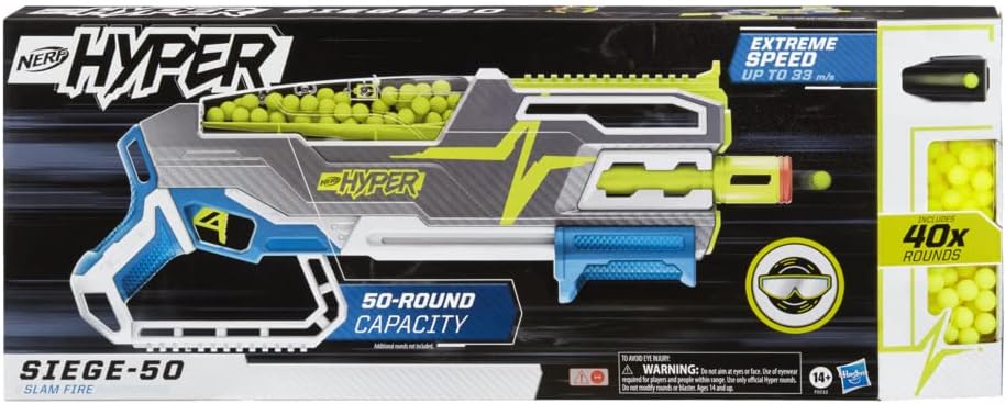 Nerf Hyper Siege-50 Pump-Action Blaster and 40 Nerf Hyper Rounds, 110 FPS Velocity, Easy Reload, 50-Round Capacity, Multi-coloured, One Size