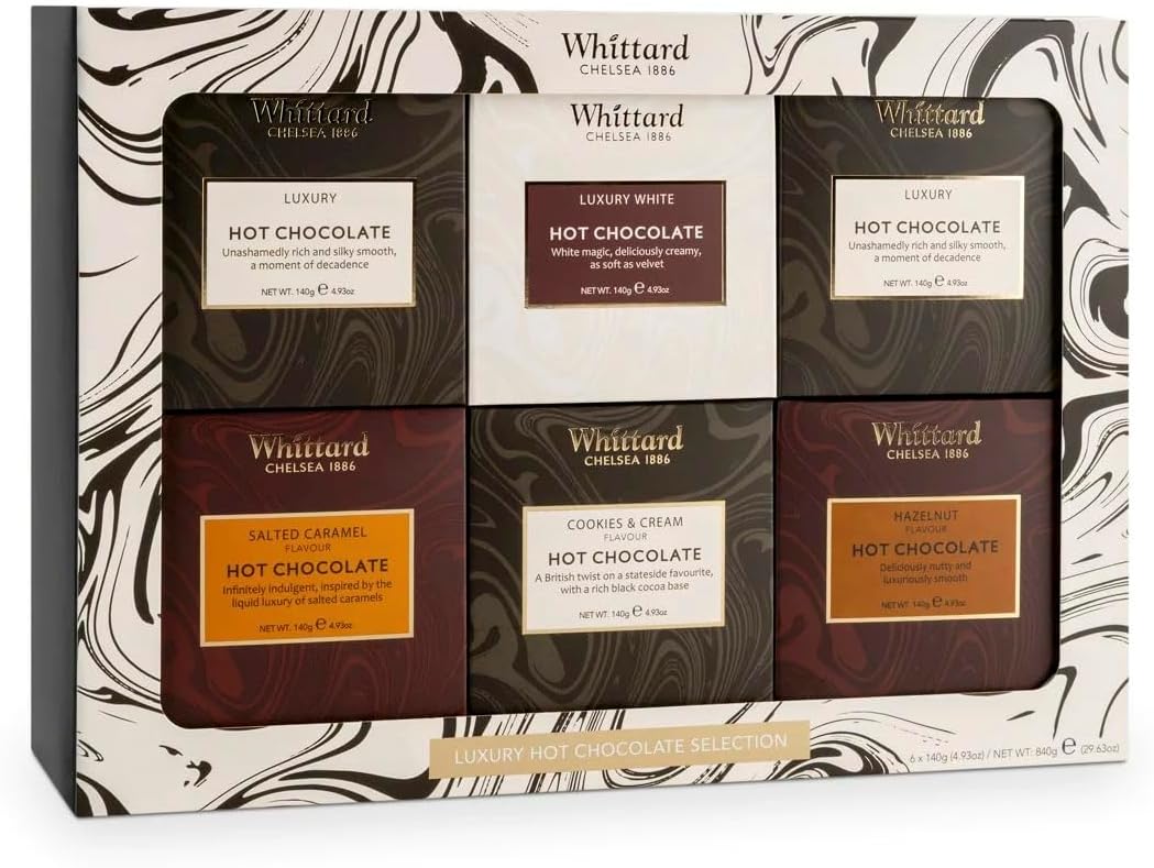 Whittard of Chelsea Hot Chocolate Lovers Gift Set | Suitable for Vegetarians | 6 Boxes of Single Origin Ground Coffee | 5 Flavours | 6 x 140g | Suitable for Vegetarians | Luxury Hot Chocolate