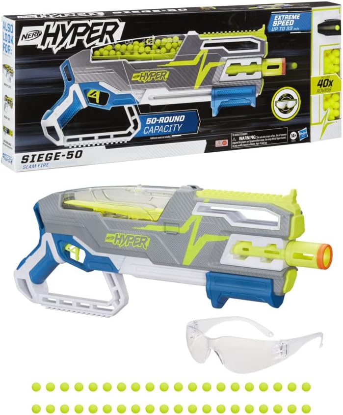 Nerf Hyper Siege-50 Pump-Action Blaster and 40 Nerf Hyper Rounds, 110 FPS Velocity, Easy Reload, 50-Round Capacity, Multi-coloured, One Size