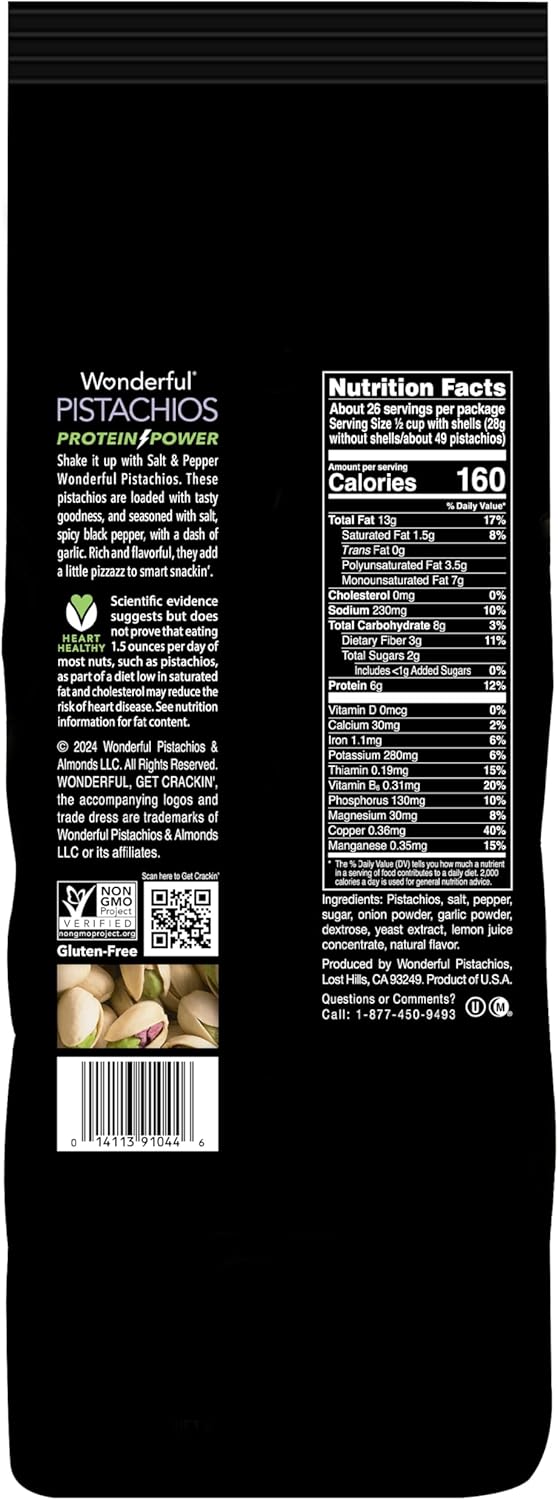 Wonderful Pistachios In Shell, Salt & Pepper Flavored Nuts, 48 Ounce Bag, Protein Snacks, Gluten Free, Healthy Snacks for Adults