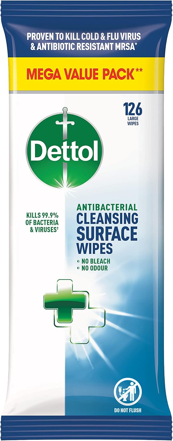 Dettol Antibacterial Disinfectant Surface Cleaning Wipes, 126 Count, Pack Of 3 - Perfect Addition To First Aid Kits, Hygienic And Convenient For Home Or Office Use