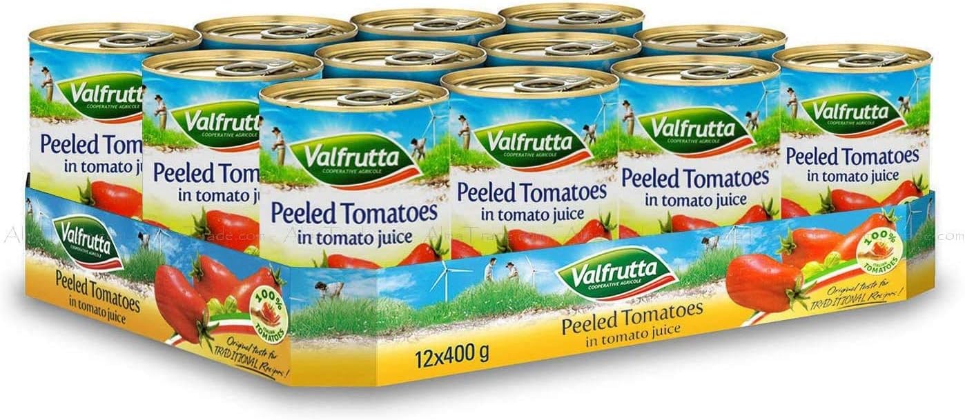 Valfrutta Peeled Plum Tomatoes in Tomato Juice Italian Pack of 12 x 400g Tin Can