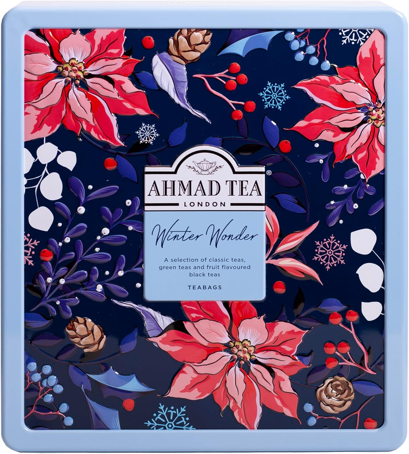 Winter Wonder Christmas Tea Gift Caddy – 72 Black & Green Tea Teabags – Festive Reusable Tin – English Breakfast, Earl Grey, Green & Flavored Teas